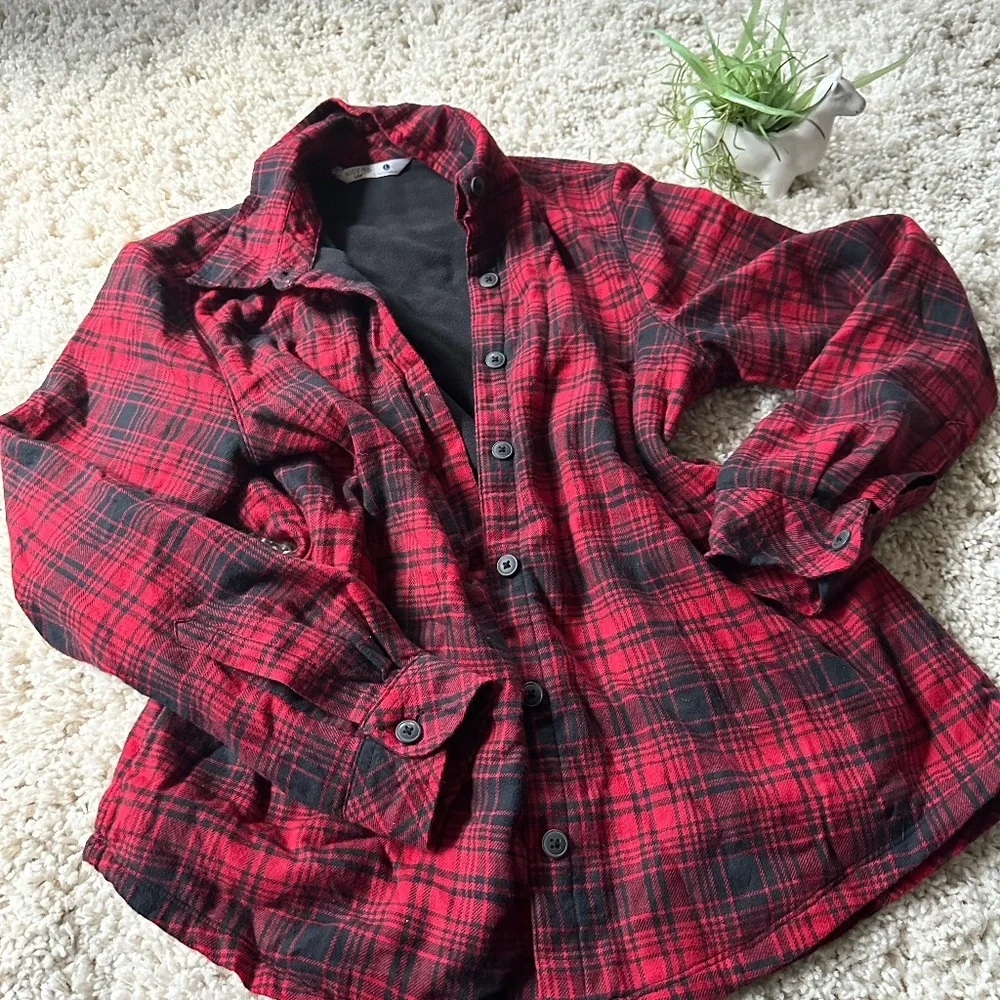 Riders by Lee long puffy red and black flannel button up outdoor jacket …
